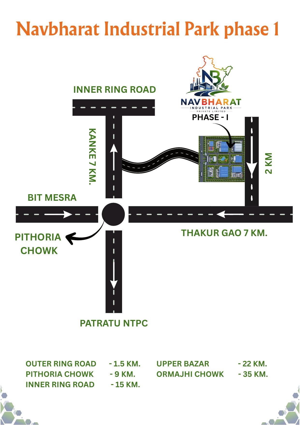 Location map of Navbharat Industrial Park Phase I near Pithoria Chowk, Ranchi, with distances to nearby roads and landmarks